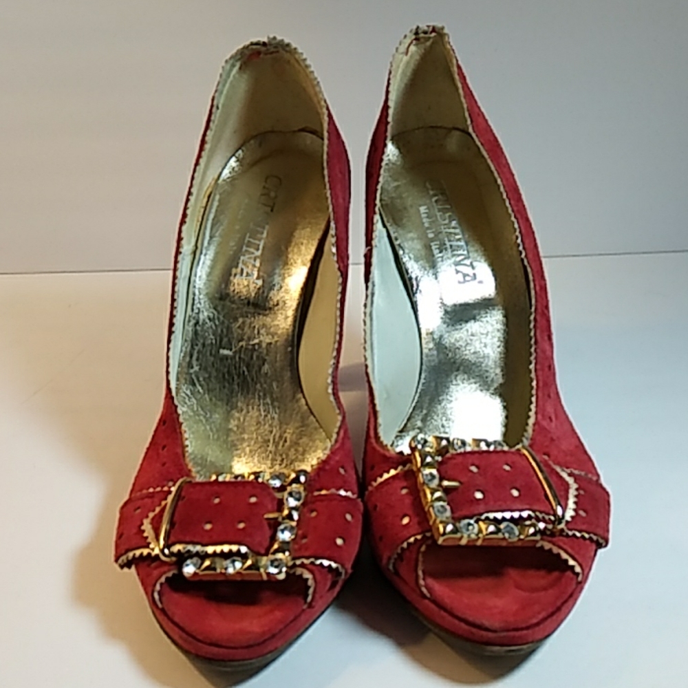 CRISTINA Red Suede OPEN TOE PUMPS Gold Buckle Sz 6